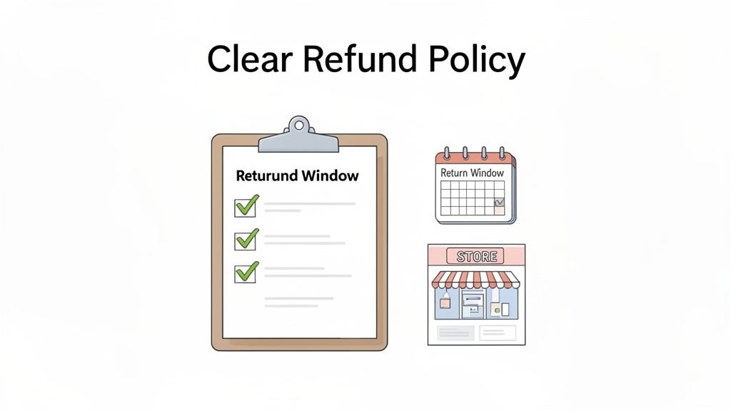 An illustration showing a clear refund policy with a clipboard checklist, a calendar for return window, and a store.