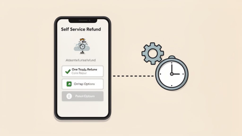 A smartphone app showing a 'Self Service Refund' interface with a clock icon and gear.