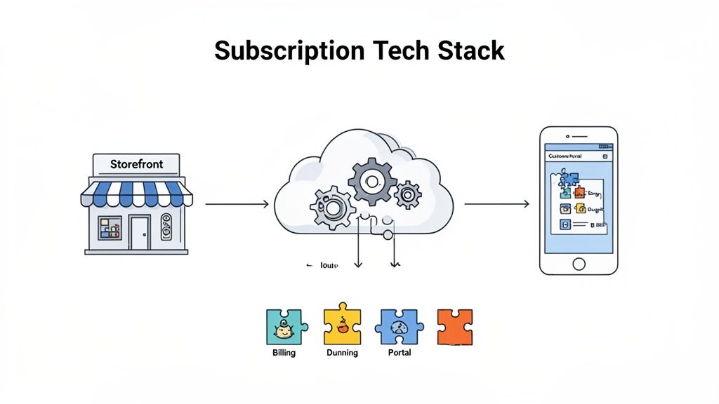 A diagram illustrates a subscription tech stack, showing a storefront, cloud services, and a customer portal on a phone. Below are puzzle pieces for billing, dunning, and portal.