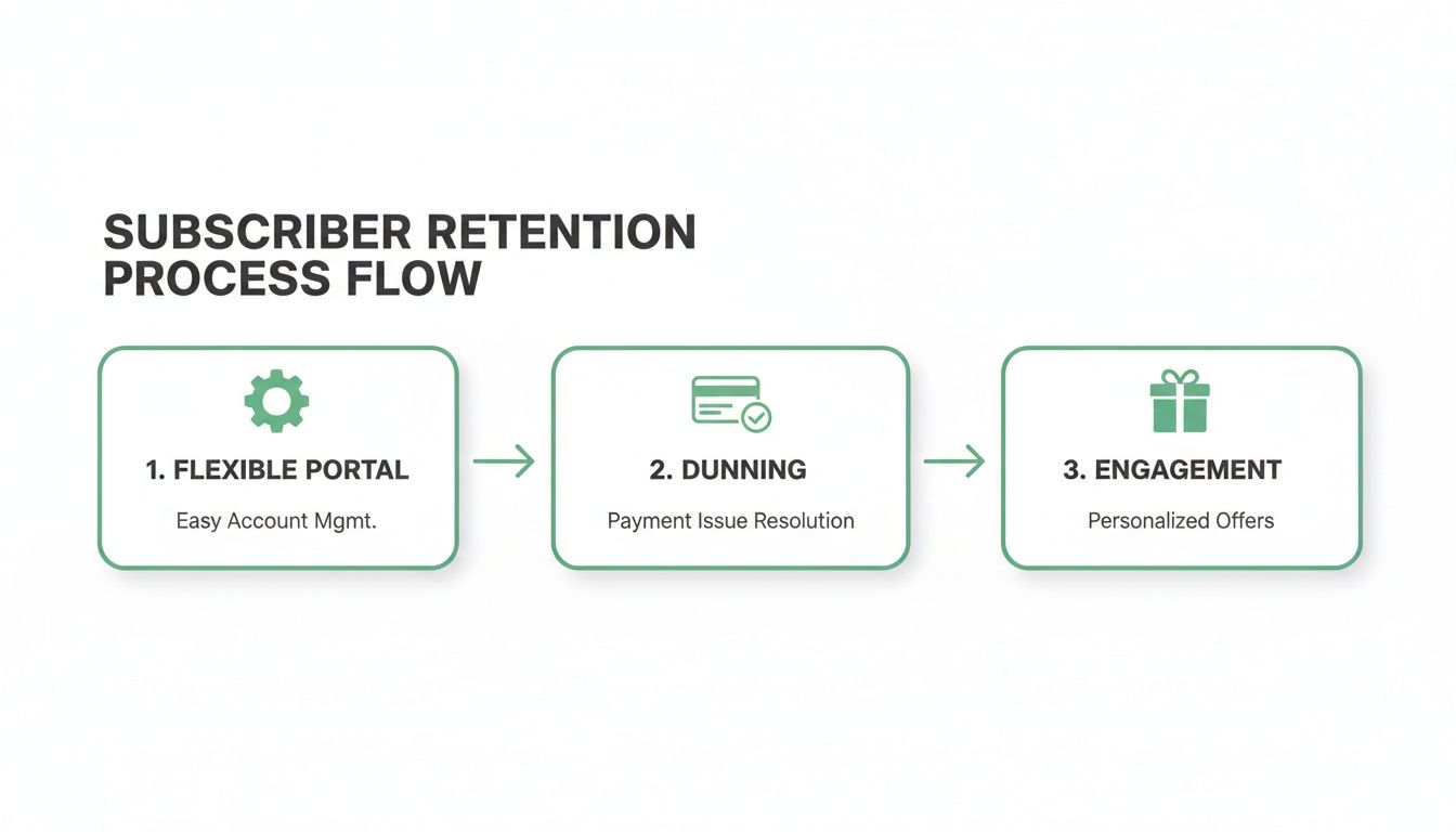 A subscriber retention process flow diagram illustrating three key steps with icons: Flexible Portal, Dunning, and Engagement.