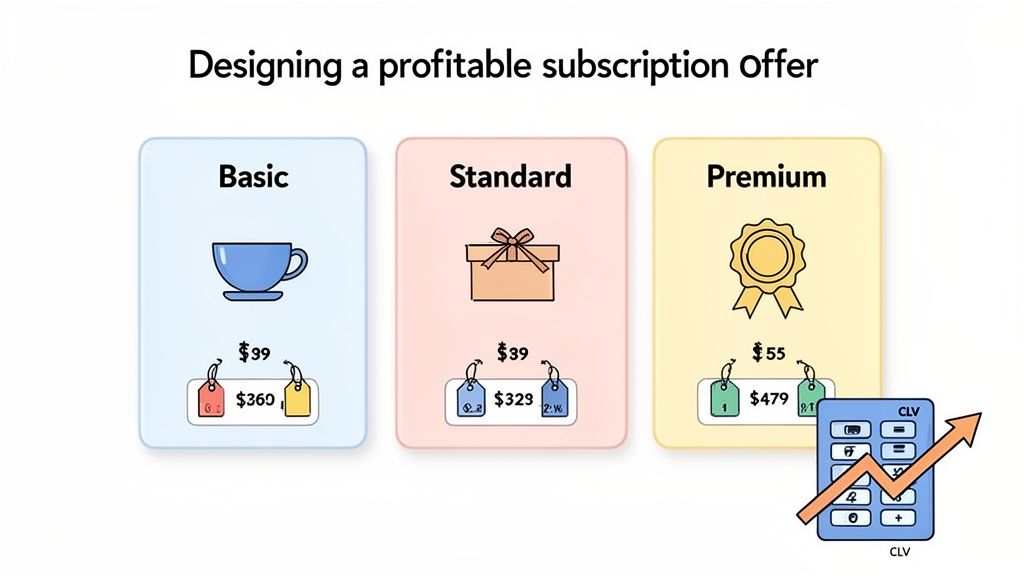 Three subscription plans (Basic, Standard, Premium) with prices, and a CLV calculator showing growth.