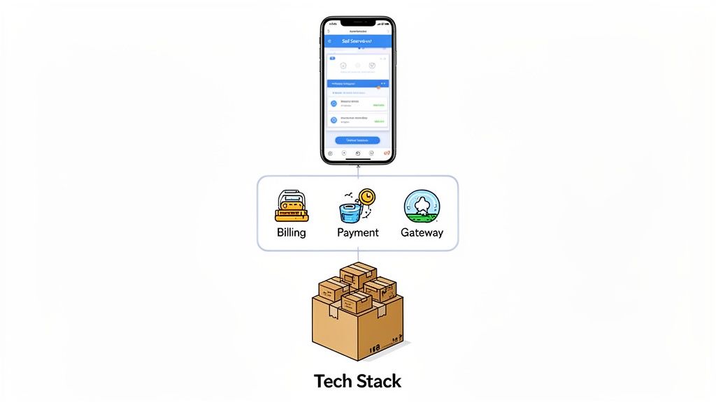 An e-commerce system diagram featuring a mobile app, billing, payment, and gateway services, supported by a tech stack.
