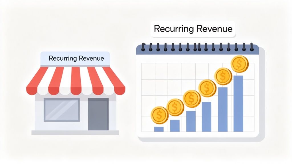 Illustration of a store labeled 'Recurring Revenue' next to a calendar showing increasing revenue over time.