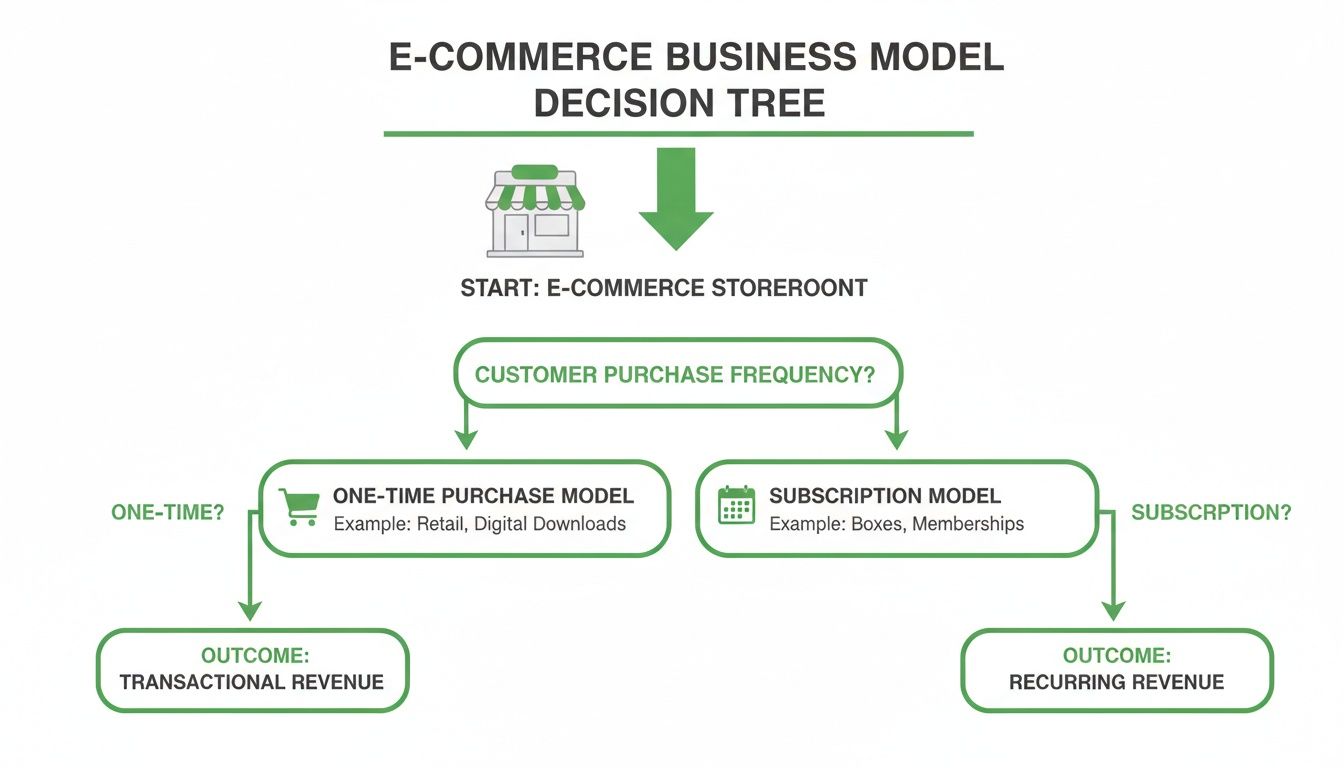 An e-commerce business model decision tree illustrating one-time purchase and subscription revenue options.