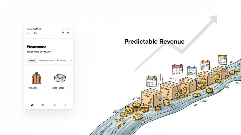 Predictable revenue shown with a mobile shop app, flowing boxes, coins, and calendars.