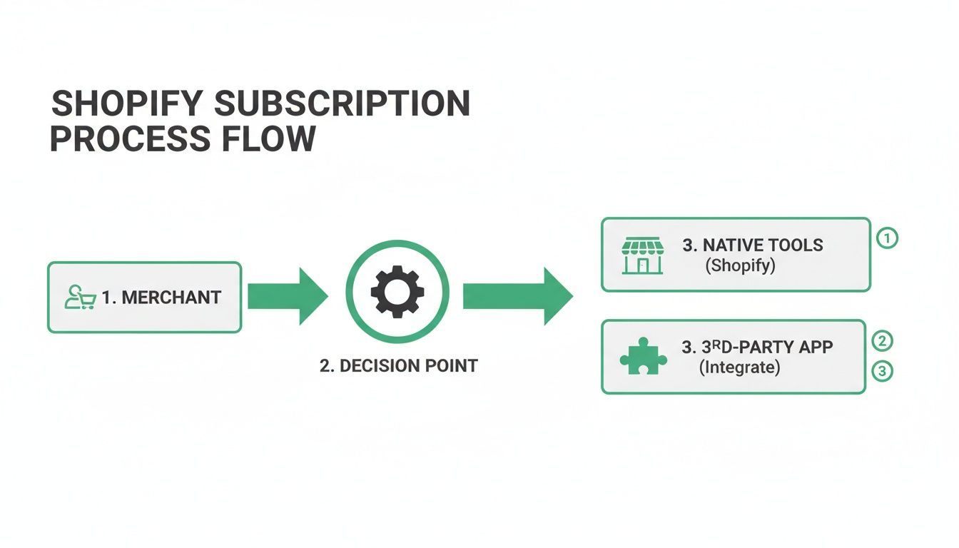 Shopify subscription process flow diagram showing merchant decision for native tools or third-party app integration.