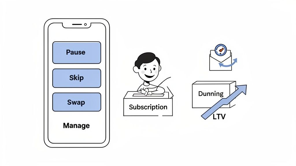 Illustration of subscription management features, customer, dunning, and increasing customer lifetime value.