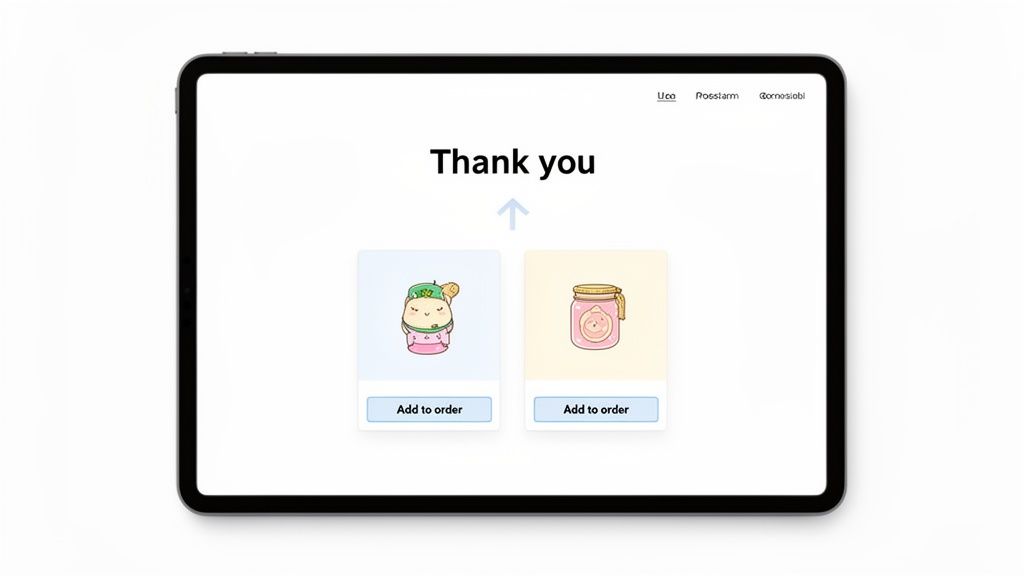 A tablet displays a 'Thank you' screen, showing two product cards with 'Add to order' buttons.