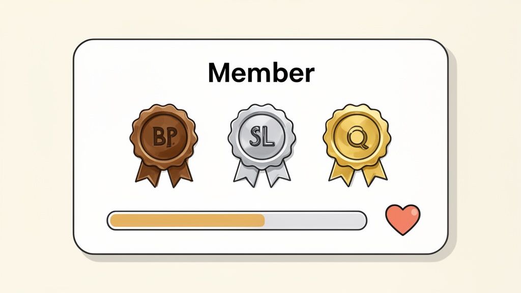 A graphic showing a member status interface with achievement badges, a progress bar, and a heart icon.