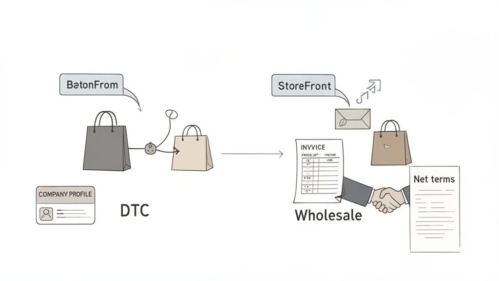Visual flow comparing Direct-to-Consumer (DTC) model with shopping bags to the Wholesale model with invoices and a business handshake.