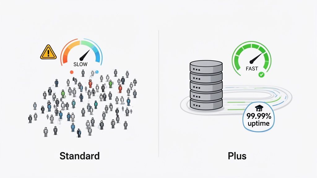 Standard service shows slow performance with many users, while Plus offers fast speed and 99.99% uptime.
