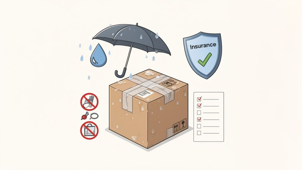 A wet package with an umbrella, insurance shield, handling symbols, and a checklist for safe shipping.