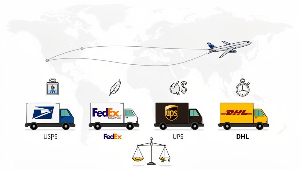 Global shipping and logistics illustration with a world map, airplane, and major delivery trucks.