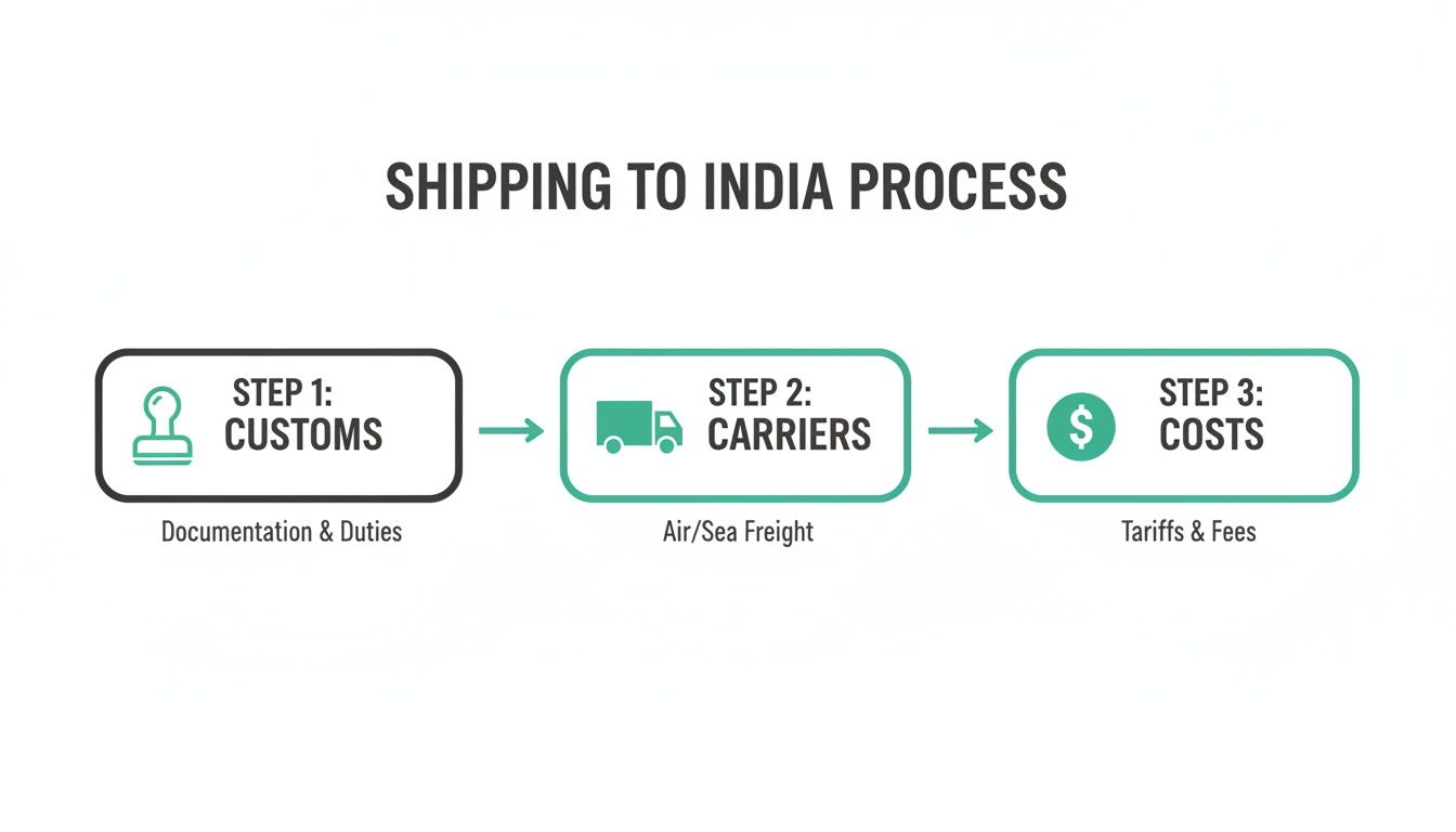 A three-step process diagram illustrating the shipping to India process, including customs, carriers, and costs.