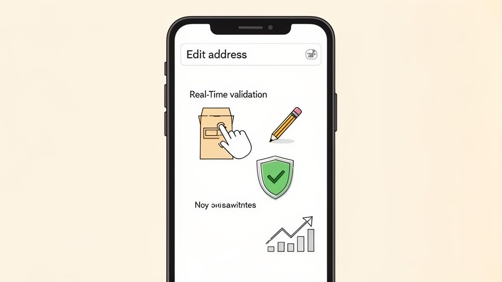 A smartphone screen displaying an 'Edit address' form with illustrations for real-time validation and data insights.