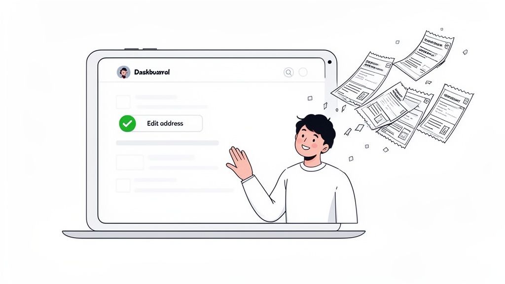 A happy man interacting with a laptop displaying a self-service portal for managing addresses and documents.