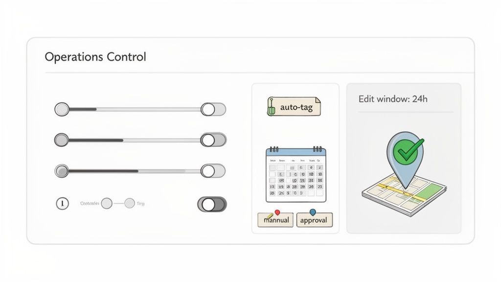 A digital operations control dashboard with sliders, toggles, auto-tag, calendar, and a map.