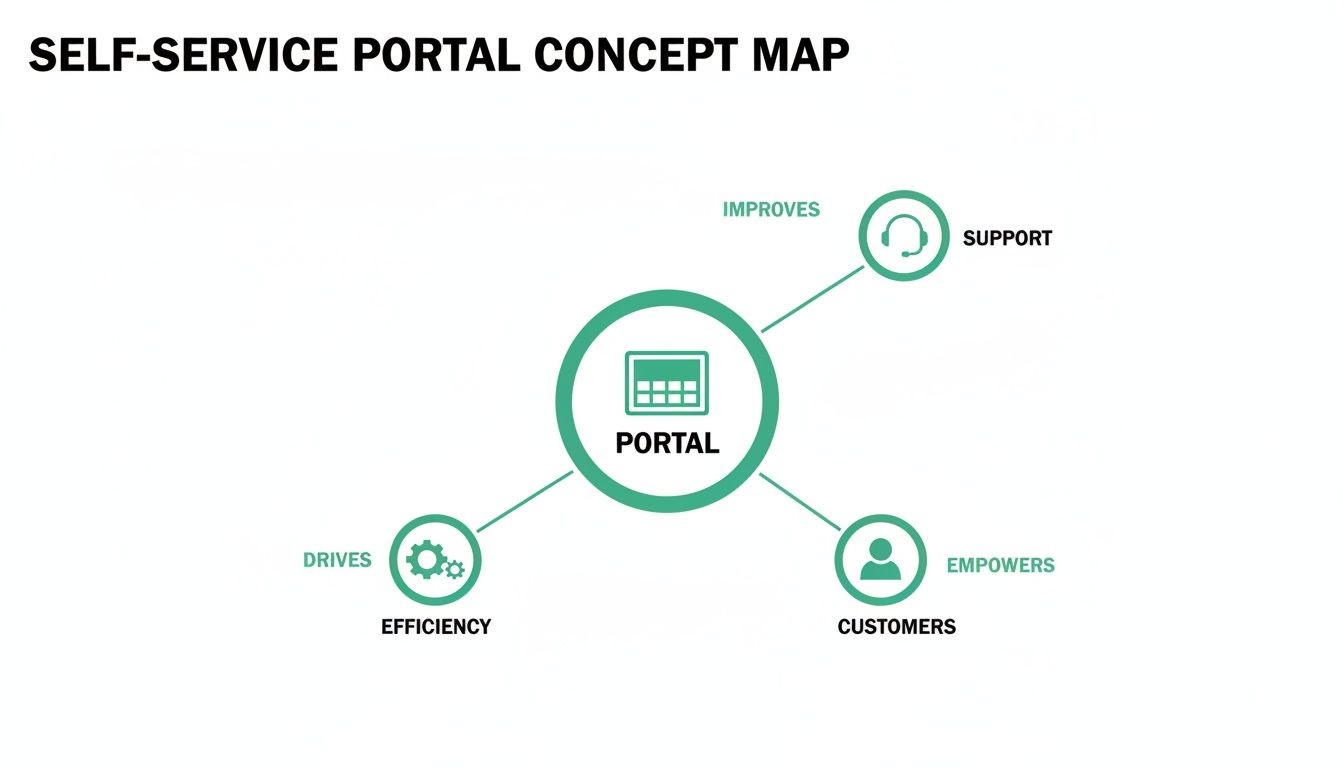 A self-service portal concept map showing how a portal improves support, drives efficiency, and empowers customers.