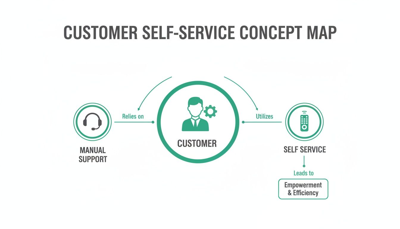 A concept map illustrating that customers rely on manual support but utilize self-service for empowerment and efficiency.