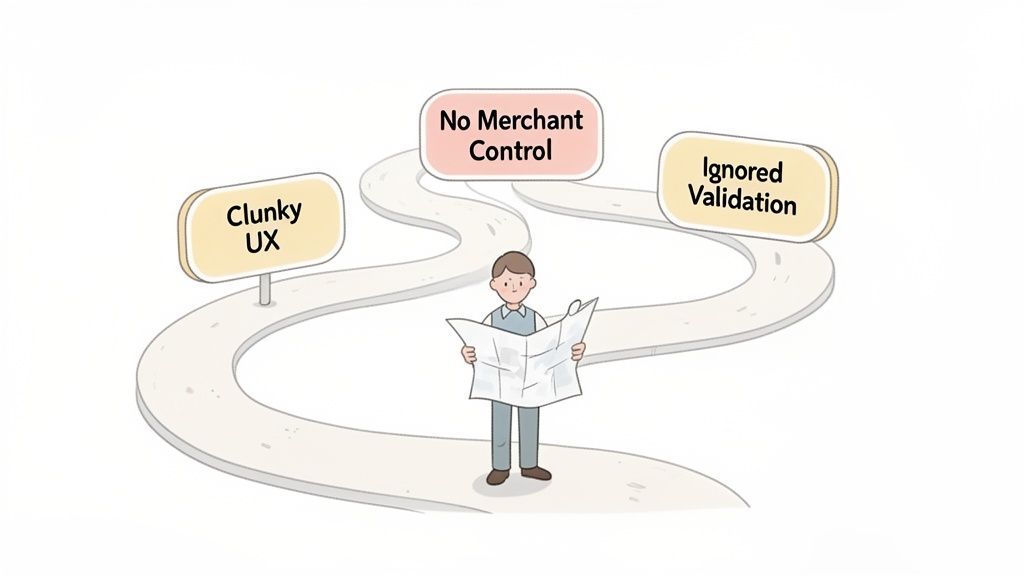 A cartoon person navigates a path with signs indicating common problems: 'Clunky UX,' 'No Merchant Control,' 'Ignored Validation'.