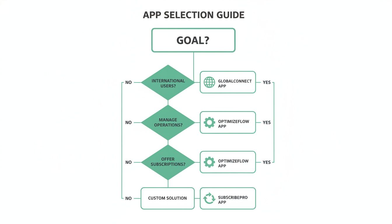 Flowchart guiding app selection based on international users, operations, and subscriptions, recommending specific apps.