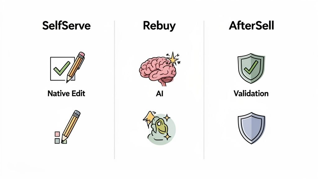 Diagram illustrating SelfServe, Rebuy, and AfterSell processes with icons for native editing, AI, and validation.