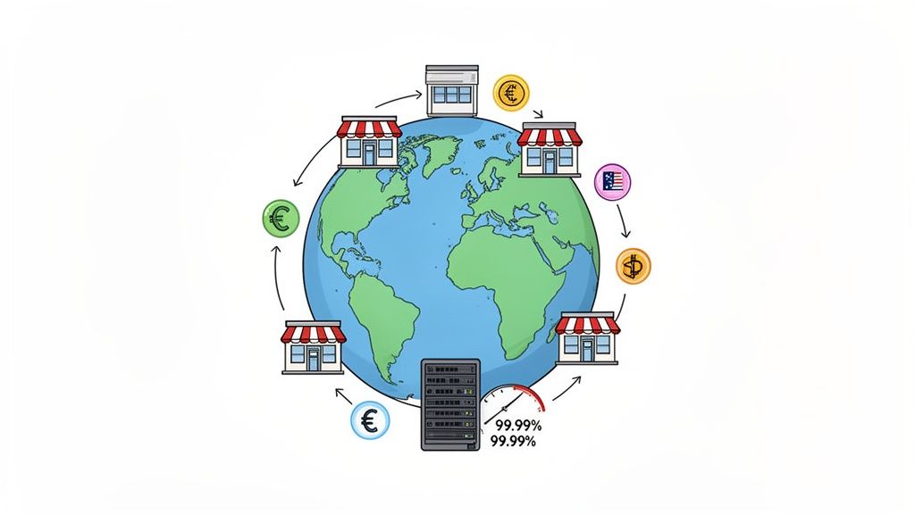 A global network of stores processing international transactions, supported by a server with high uptime.