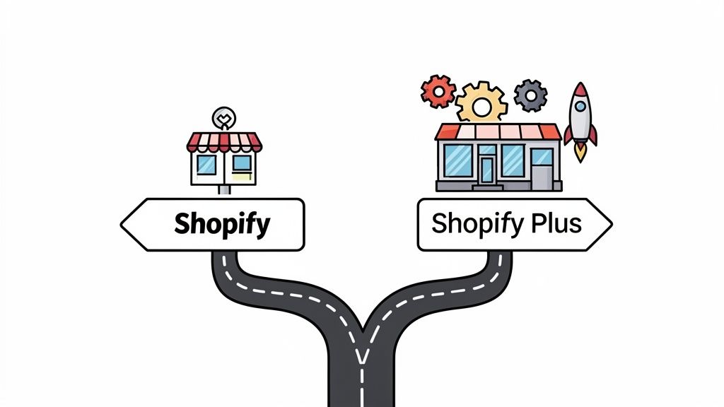 A visual comparison of Shopify and Shopify Plus, depicted as two diverging roads leading to different stores.