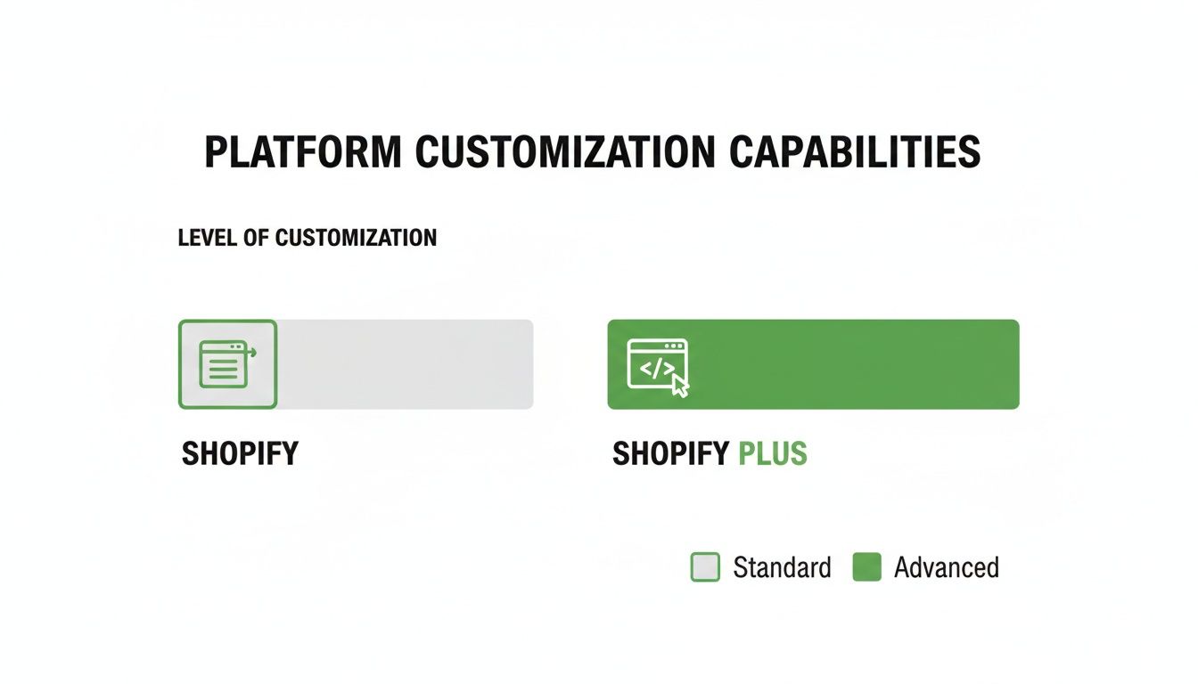 Comparison of platform customization capabilities: Shopify offers standard customization, while Shopify Plus provides advanced options.