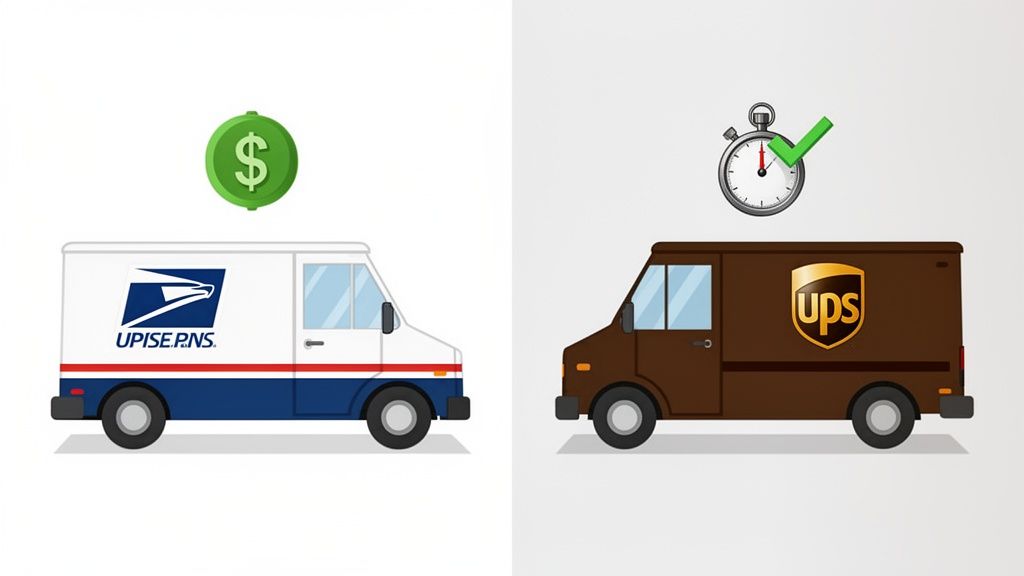 An image comparing USPS and UPS delivery services, highlighting cost (dollar sign) versus speed (stopwatch).