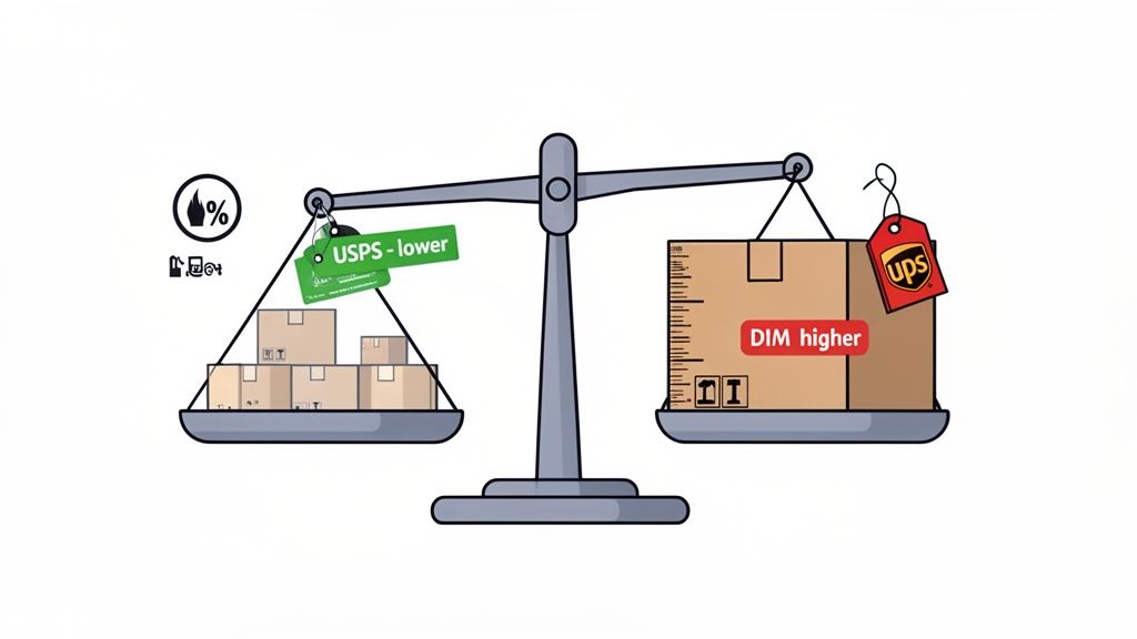 A scale comparing USPS and UPS shipping costs, highlighting USPS lower prices against UPS's higher dimensional weight.