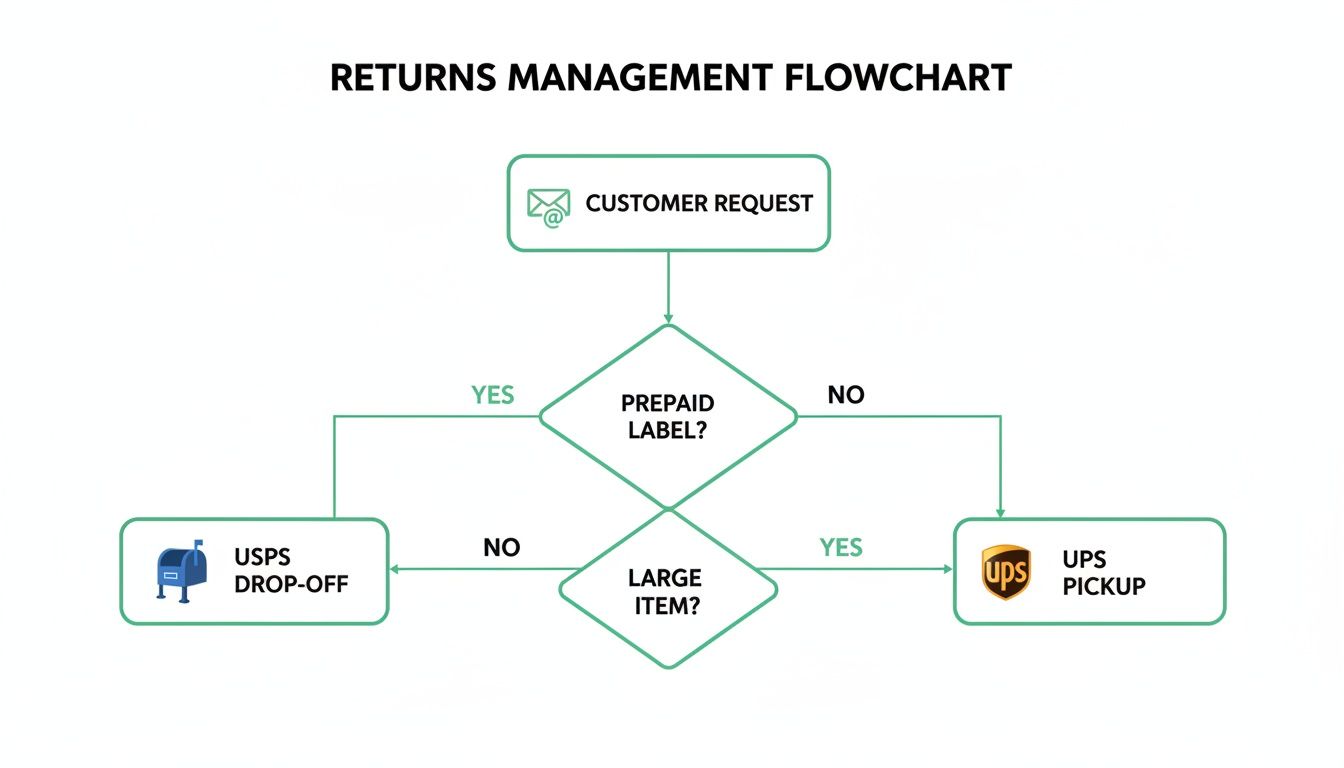 Flowchart detailing returns management, differentiating between prepaid labels and item size for USPS or UPS.