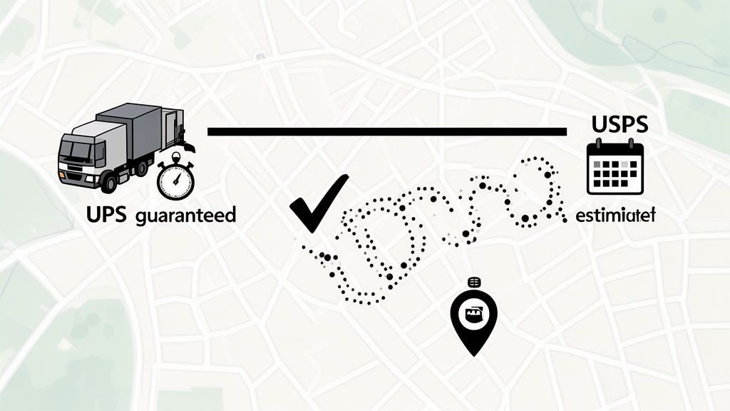 Graphic illustrating the difference between UPS guaranteed delivery with a direct route and USPS estimated delivery with a winding path.
