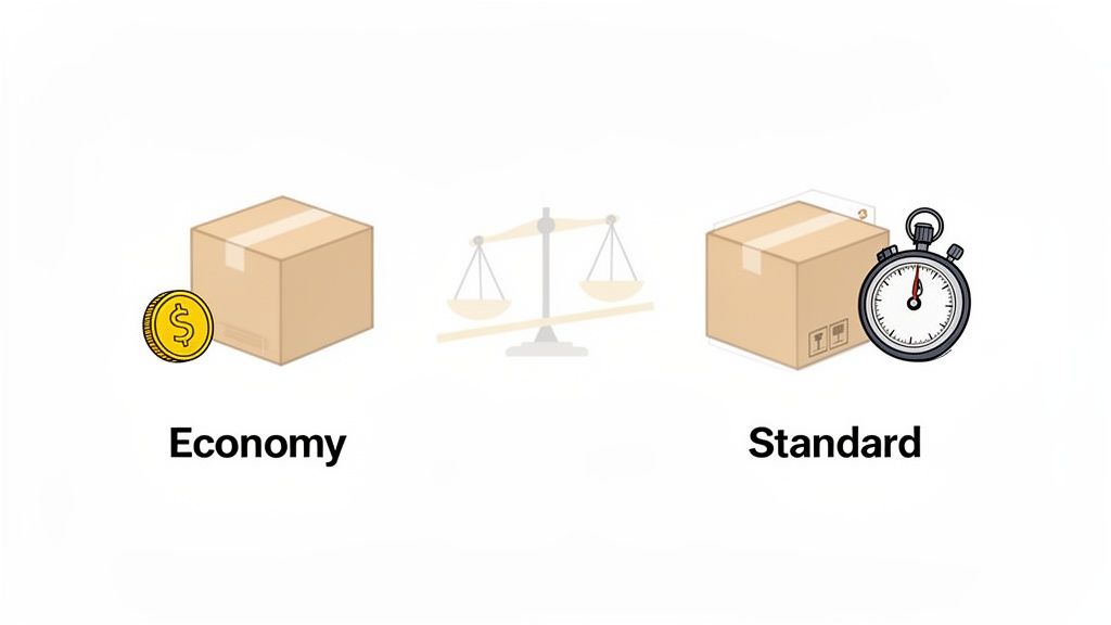 Illustration contrasting economy shipping (cost) versus standard shipping (time).