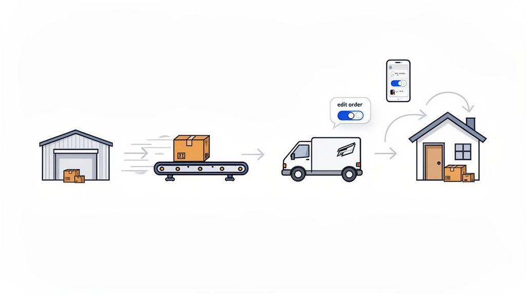 Illustration depicting a logistics flow from warehouse, conveyor, delivery truck, to a house with packages, alongside a phone app for order editing.