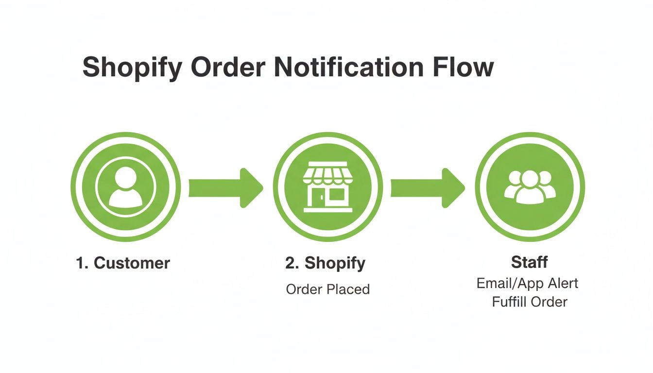 Flowchart illustrating the Shopify order notification process from customer to staff fulfillment.