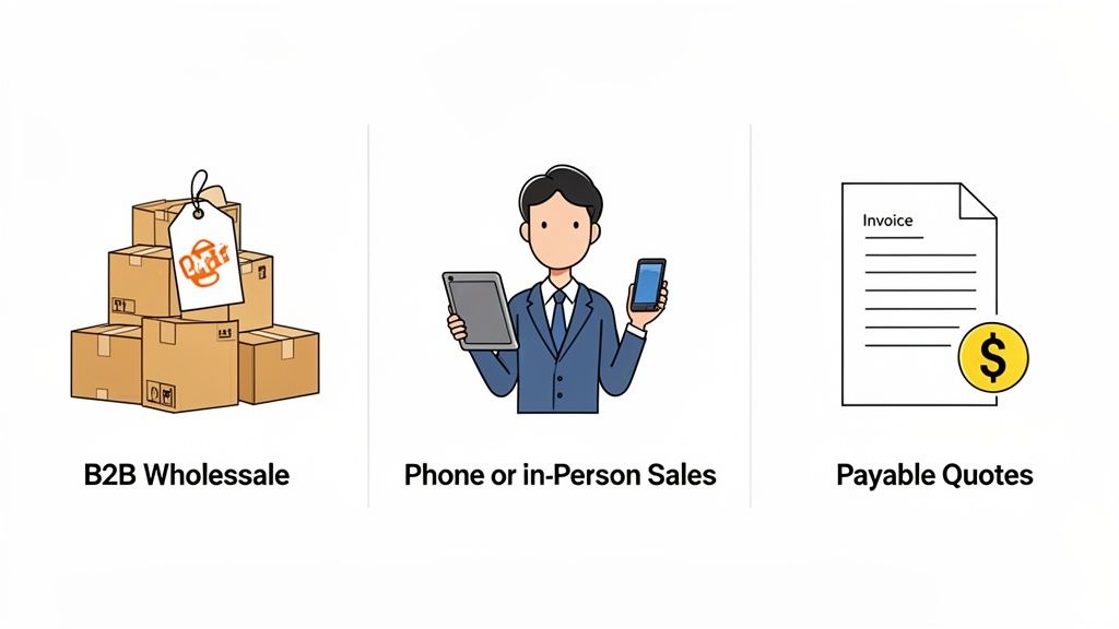 Three illustrations depicting B2B wholesale, phone/in-person sales, and payable quotes processes.