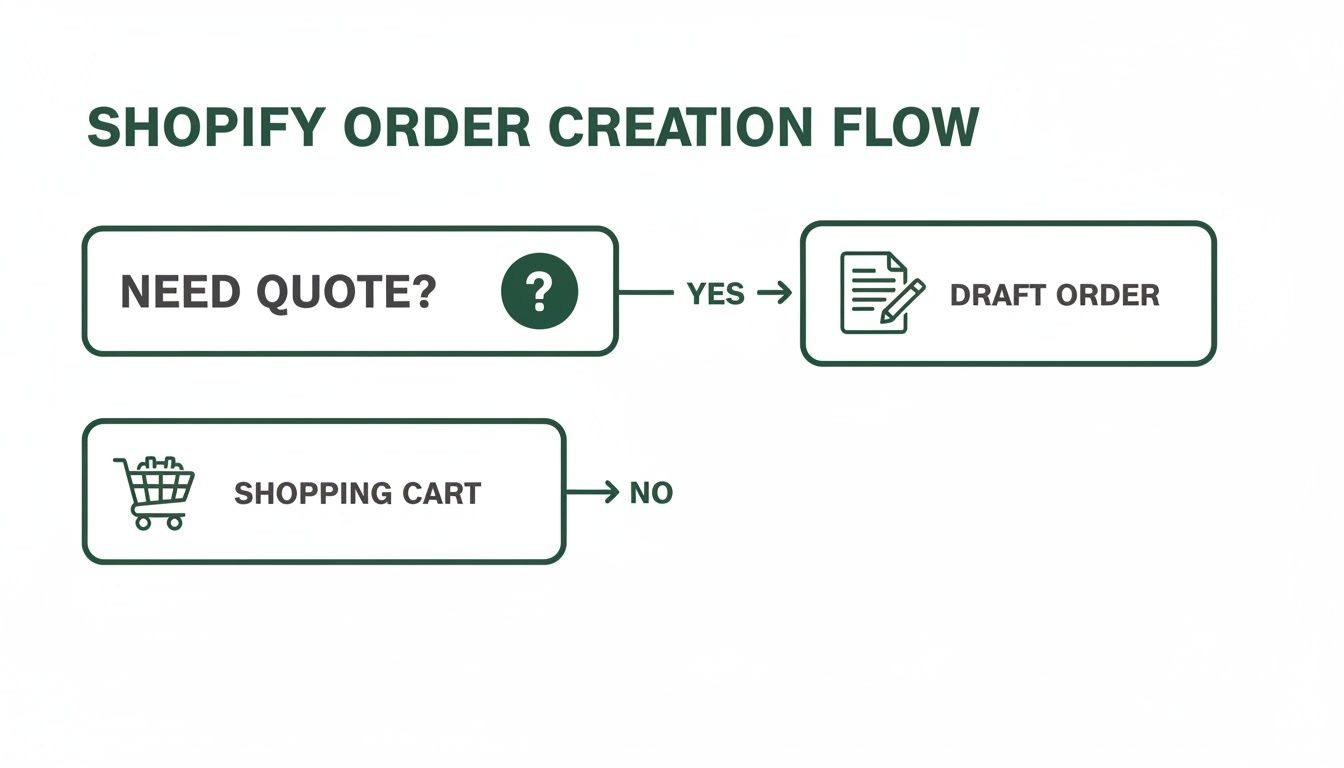 Flowchart illustrating Shopify order creation, showing paths from 'Need Quote?' to 'Draft Order' or 'Shopping Cart'.