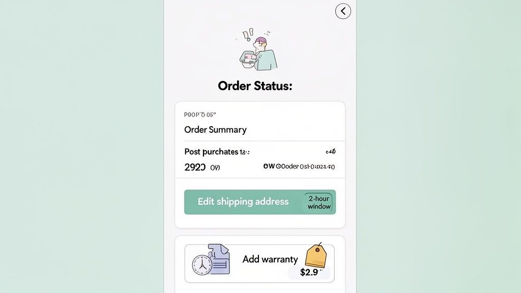 A mobile app screen displays an order status page with summary details, edit shipping, and add warranty options.