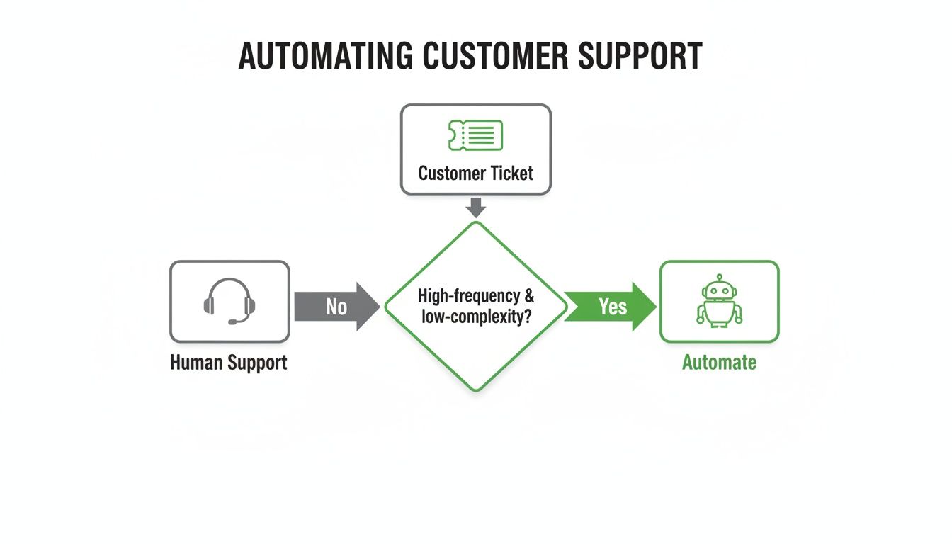 Flowchart demonstrating customer support automation: tickets are automated if high-frequency and low-complexity, otherwise routed to human support.