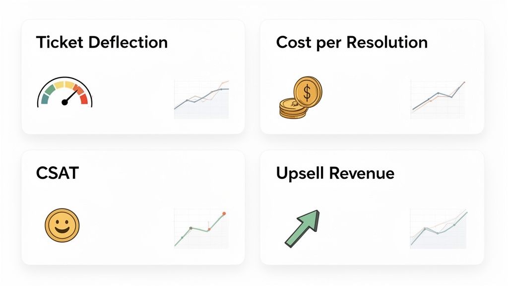 A dashboard displaying four customer service metrics: Ticket Deflection, Cost per Resolution, CSAT, and Upsell Revenue.