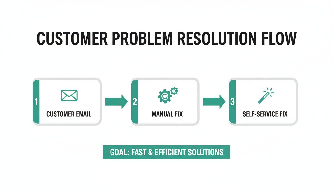 Diagram illustrating a customer problem resolution flow: email, manual fix, and self-service for efficient solutions.