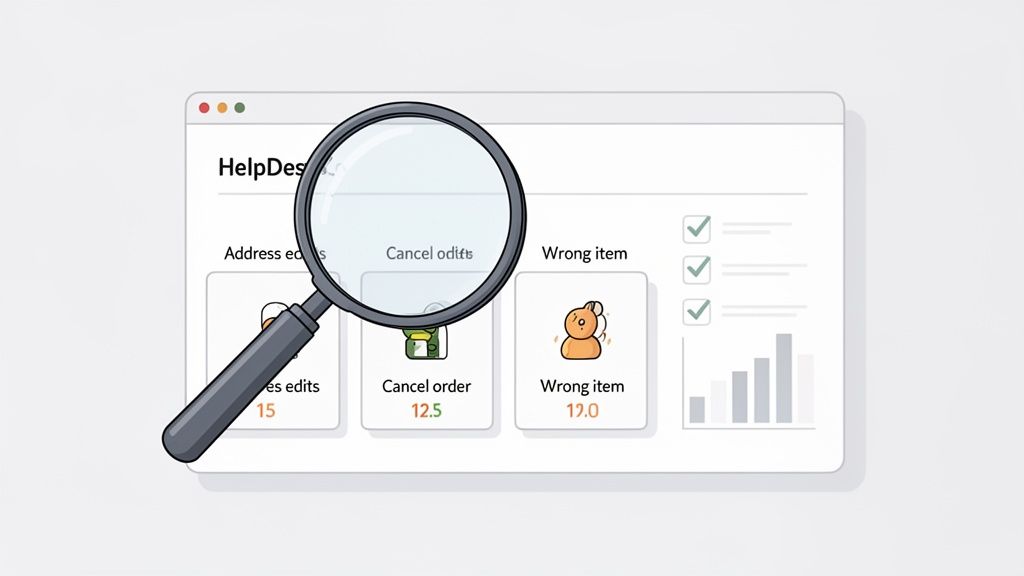 Magnifying glass over a HelpDesk dashboard showing customer service issues like address edits, cancellations, and wrong items.