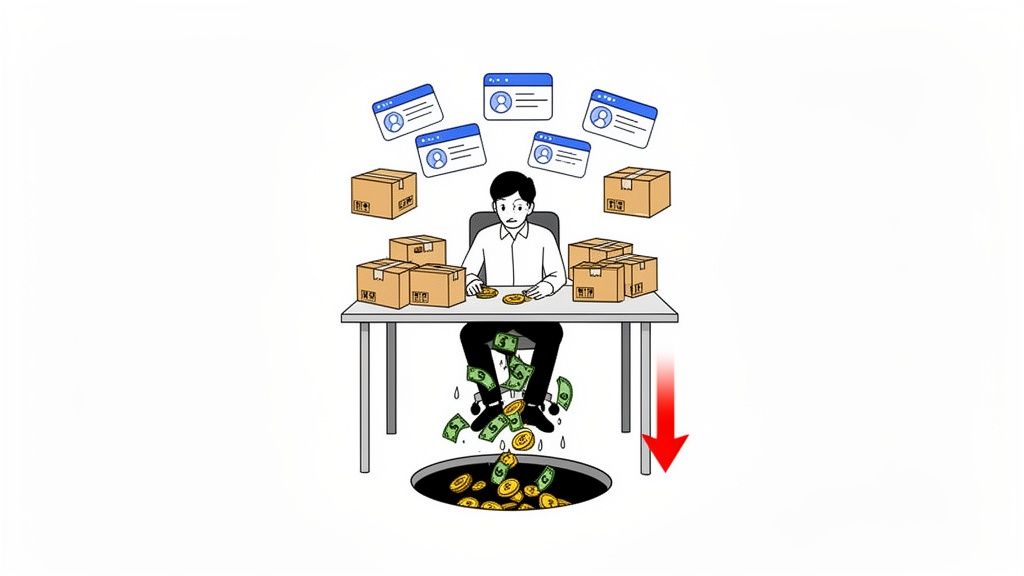 A person at a desk surrounded by boxes and user profiles, losing money into a hole.