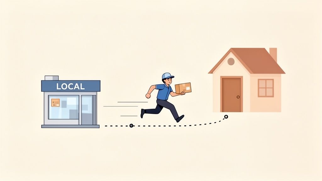 A delivery person runs with a package from a local store towards a residential house.