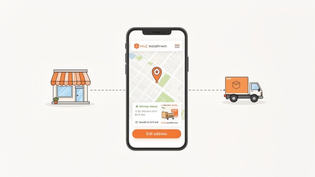 An animated image showing a store, a smartphone with a map and location, and a delivery truck, illustrating last-mile delivery tracking.