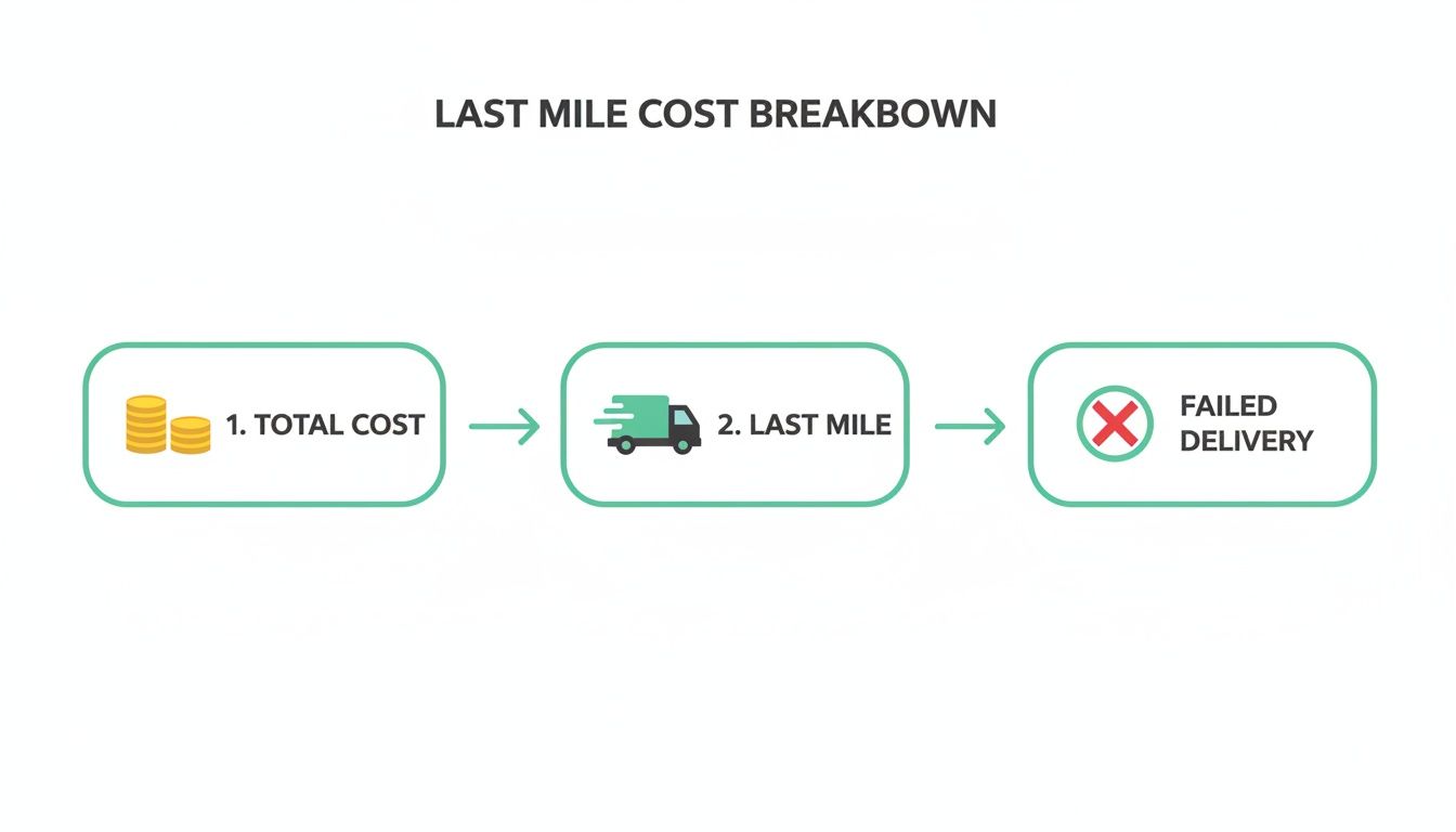 A flowchart showing the last mile cost breakdown, including total cost, last mile, and failed delivery.