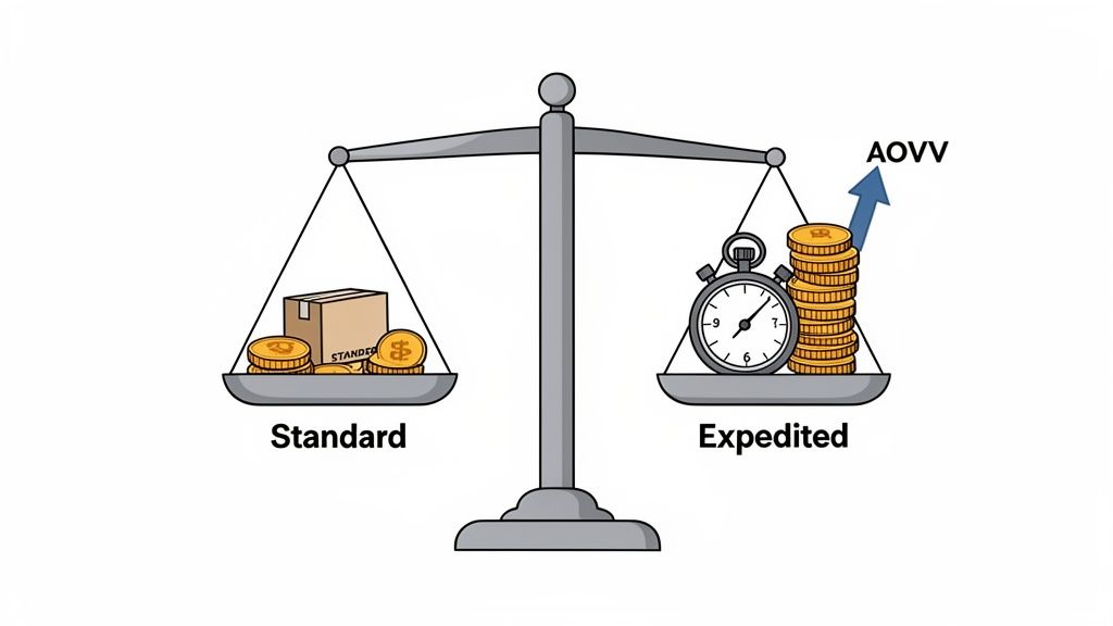 Balance scale illustrating standard versus expedited shipping, highlighting time, money, and AOVV growth.
