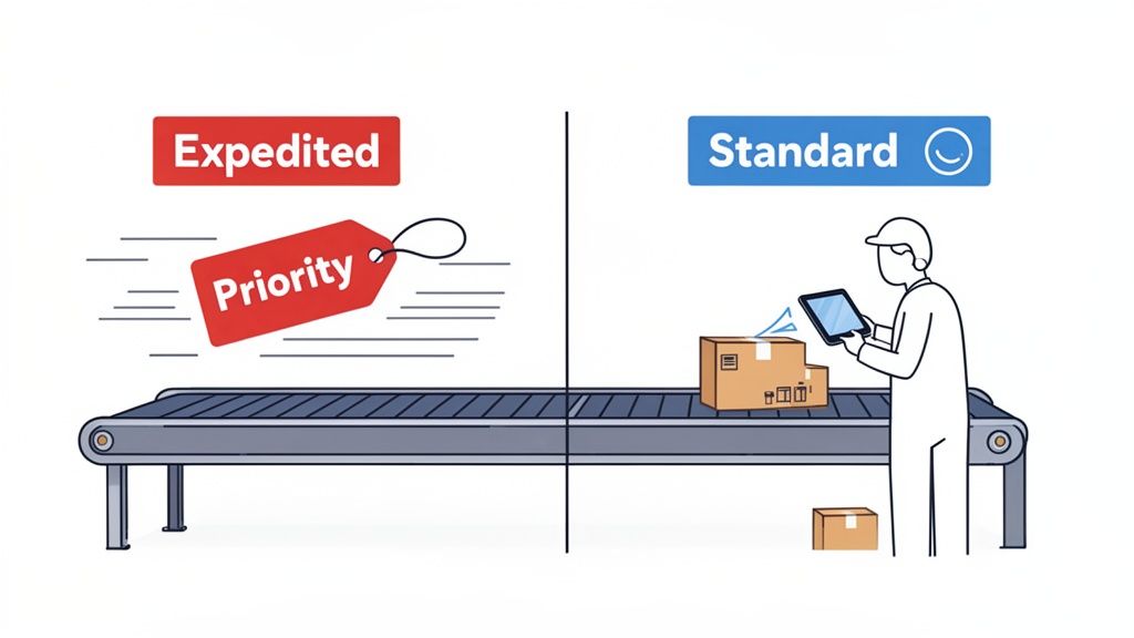 Illustration comparing expedited priority shipping with standard package scanning on a conveyor belt.