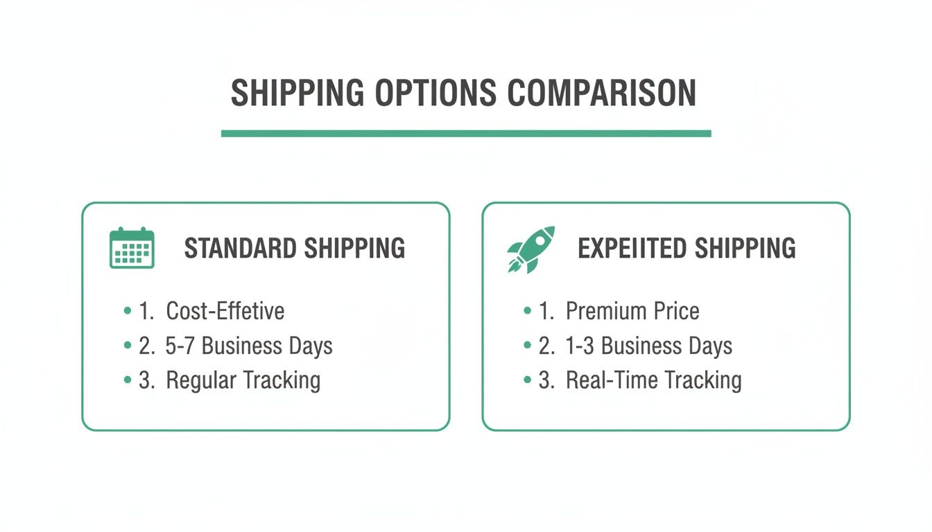 A comparison chart outlining standard vs. expedited shipping options with details on cost, time, and tracking.